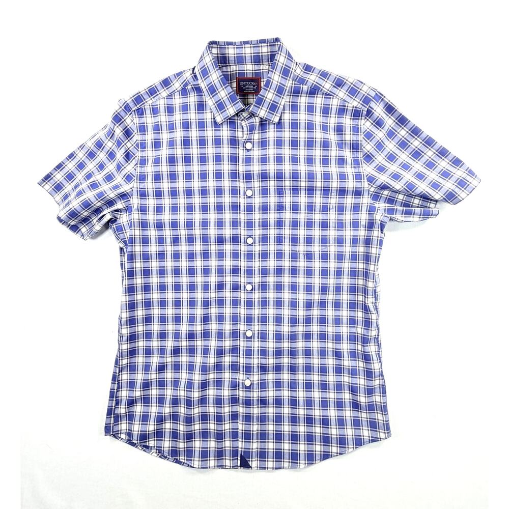 UNTUCKit Men’s Blue White Plaid Short Sleeve Slim Fit Wrinkle Free Shirt Size M